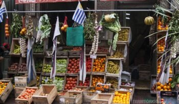 Comércio de frutas em ilustra o texto Montevideo para vegetarianos