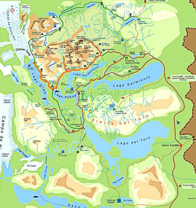 Mapa do Parque. As linhas vermelhas tem estradas para carro. As linhas verdes são o Circuito O e a laranja o Circuito W