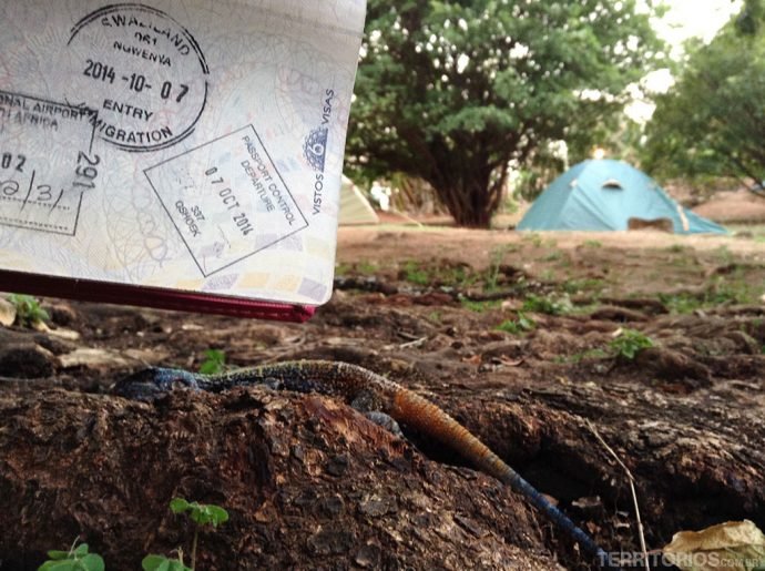 O carimbo de entrada na Suazilândia clicado na área de camping no hostel