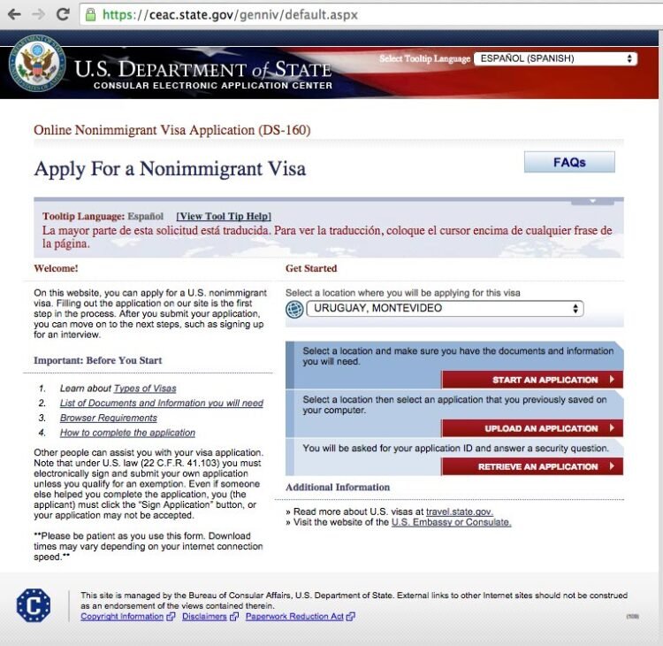 Página para preencher o formulário DS-160