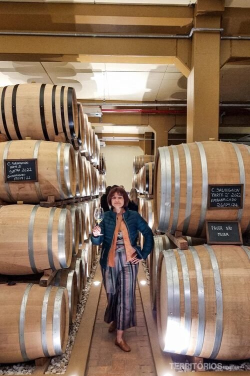 Mulher com taça de vinho na mão entre barricas em vinícola do Vale dos Vinhedos