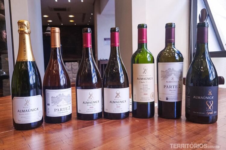 7 garrafas de vinho em uma mesa de madeira