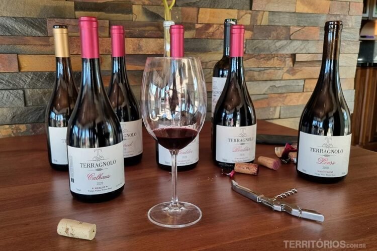 7 garrafas de vinho, algumas abertas e rolhas espalhadas, uma taça com vinho tinto e abridor em uma mesa de madeira no Vale dos Vinhedos
