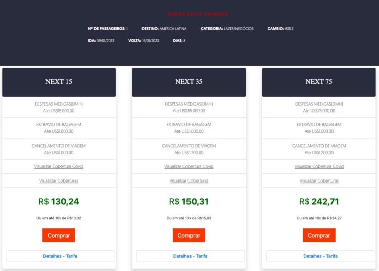 Página com planos da Next Seguro Viagem para cotar seguro viagem com desconto