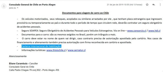 Resposta do Consulado do Chile sobre obrigatoriedade da Permissão Internacional para Dirigir (PID)