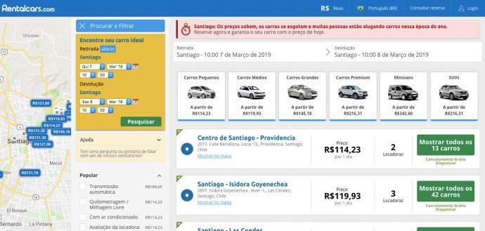 Busca por aluguel de carro em Santiago