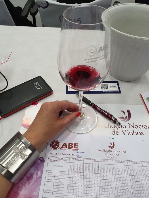 Ficha para avaliar Avaliação Nacional de Vinhos. Mão de mulher segura a taça na mesa 