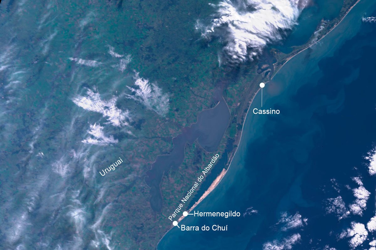 Vista espacial da Praia do Cassino em imagem capturada pelo Copernicus Sentinel (Sentinel-3), satélite do Programa Espacial da União Europeia