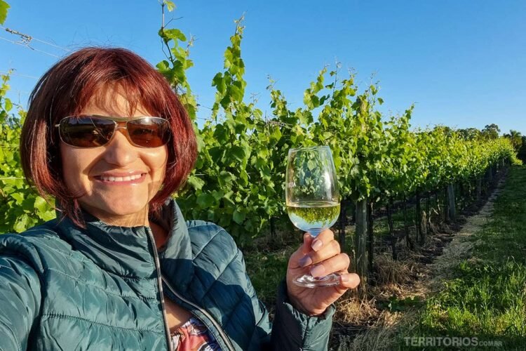 Mulher de cabelo castanho usando óculos de sol e jaqueta verde com taça de espumante na mão esquerda. Ao fundo vinhedos