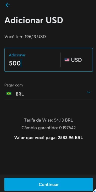 Tela de aplicativo Wise para comprar dólar e usar no débito em peso argentino