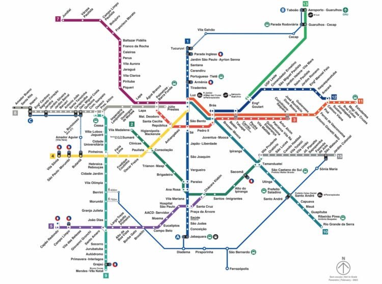 Mapa do transporte público metro ferroviário de São Paulo