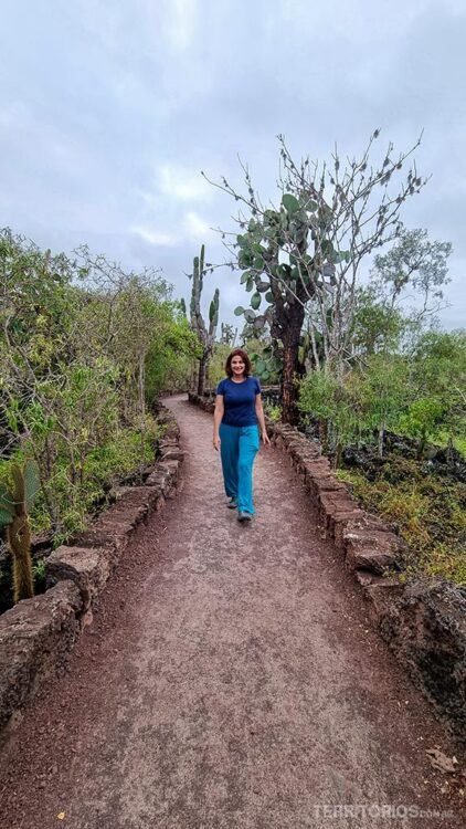 Mulher morena de cabelos curtos veste blusa e calças azuis. Ela caminha por trilha demarcada de areia e pedra entre vegetação de cactos e plantas nativas de Santa Cruz.