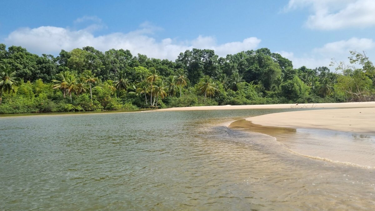 Início da praia do Goiabal com areia, rio, mata nativa e céu azul com nuvens na Ilha do Marajó.