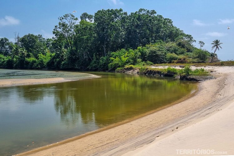 Córrego na Praia do Céu entre areia e vegetação na Ilha de Marajó. Céu azul e poucas nuvens.