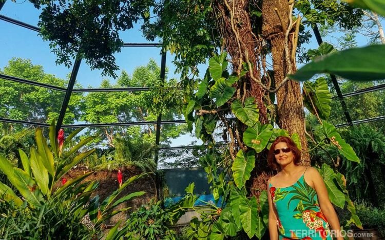 Mulher morena em meio a plantas da Amazônia usa vestido florido. Dica de viagem pra agosto