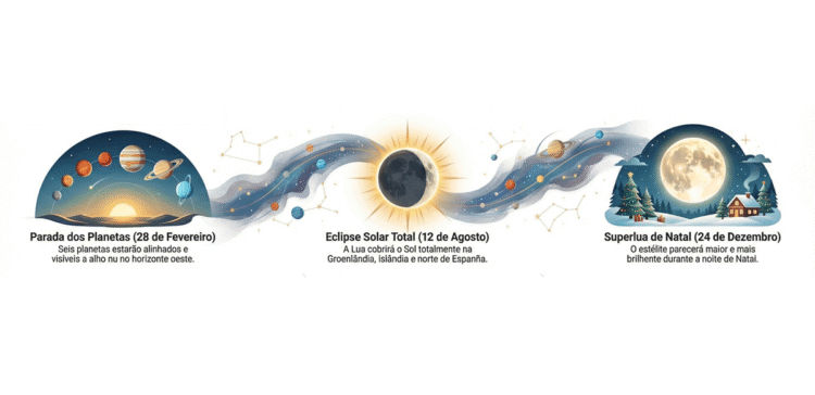 Ilustração de eventos astronômicos de 2026